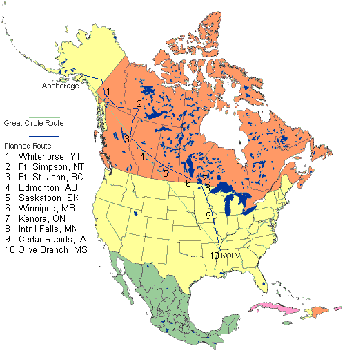 Map of planned flight Alaska to Mississippi