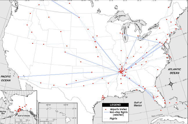 Map of Mustang II N727RH landings